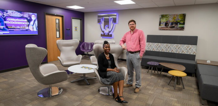 Launchpad Director Simone McKelvey and Assistant Director Chris Kohl in the Launchpad reception area.