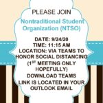Nontraditional Student Organization (NTSO) 1st meeting Fall 2020