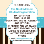 The Nontraditional Student Meeting, 11/17 at 11:15 am