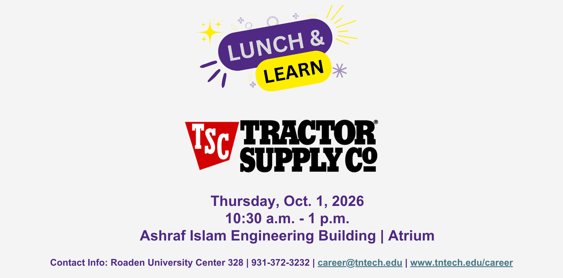 Oct. 1 | Lunch & Learn with Tractor Supply Co. | Ashraf Islam Engineering Buildi