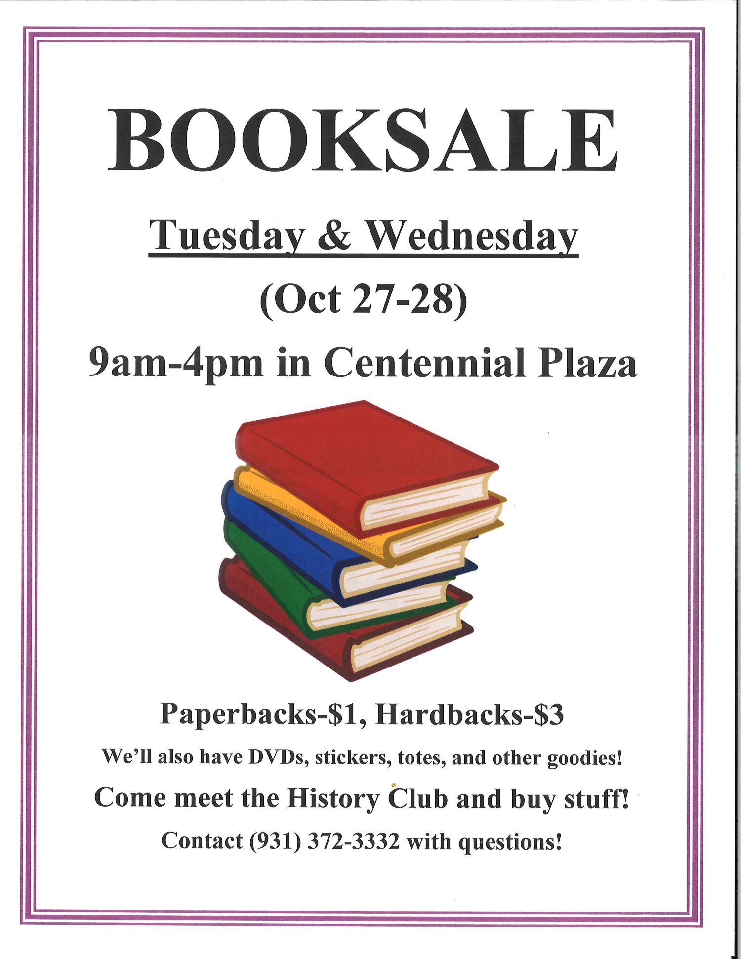 History Club Book Sale on Centennial Plaza – Oct. 27-28