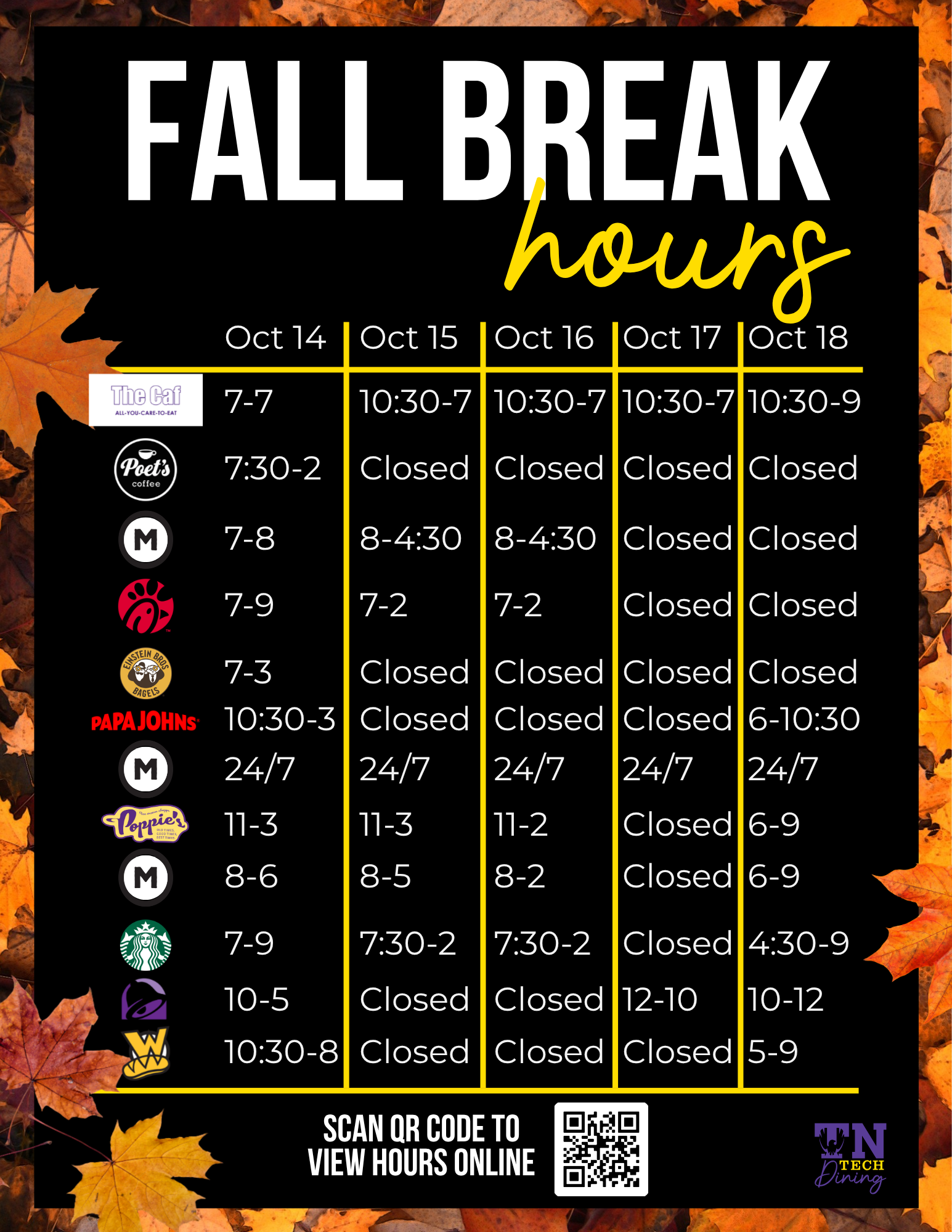 Fall Break Dining Hours